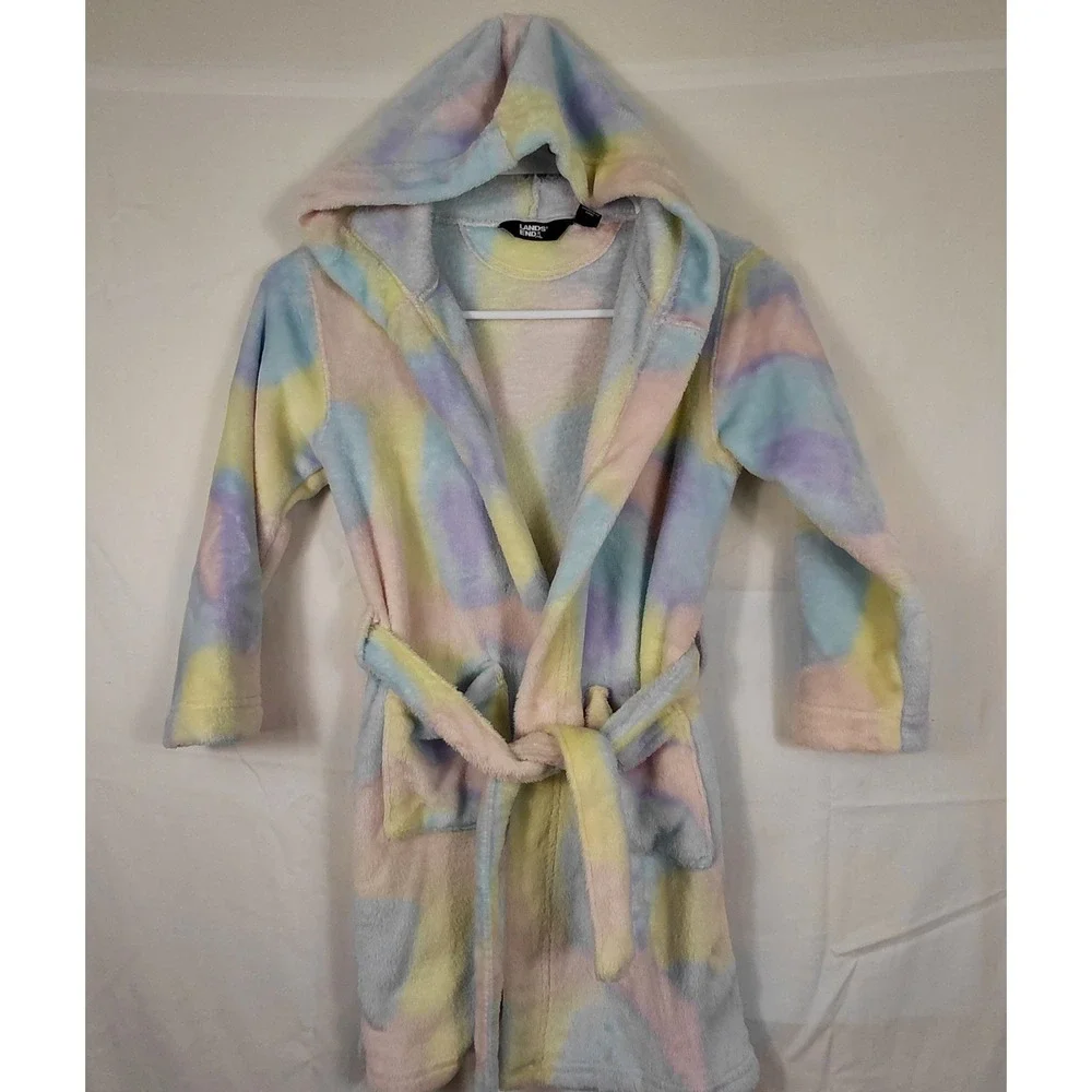 Lands' End Kids Fleece Hooded‎ Size 6/ XS Bathrobe Tie Waist Soft Fuzzy Robe